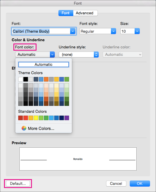 In the Font box, the Font color and Default options are highlighted.