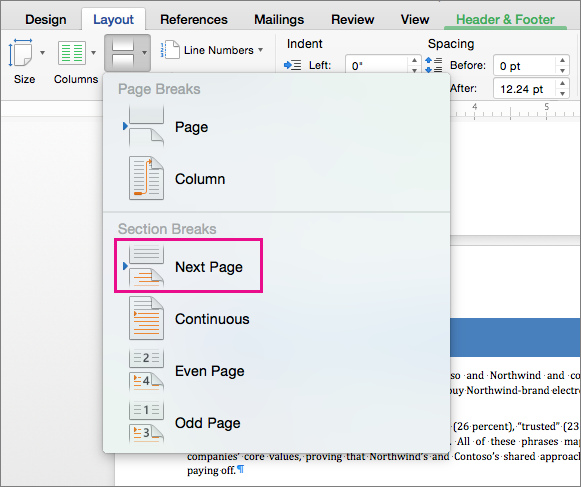 Click Next Page to insert a section break that causes the text after the break to begin on the next page.