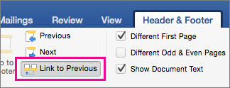 On Header and Footer tab, Link to Previous is highlighted