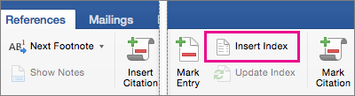 On the References tab, Insert Index is highlighted