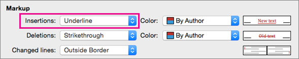 In the Track Changes box, the Markup type Insertions is highlighed.