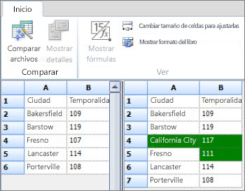 Captura de pantalla que muestra los resultados de Comparación de hojas de cálculo resaltando los registros agregados y cambiados.