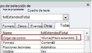 Una expresión en la propiedad Origen del control de un cuadro de texto.