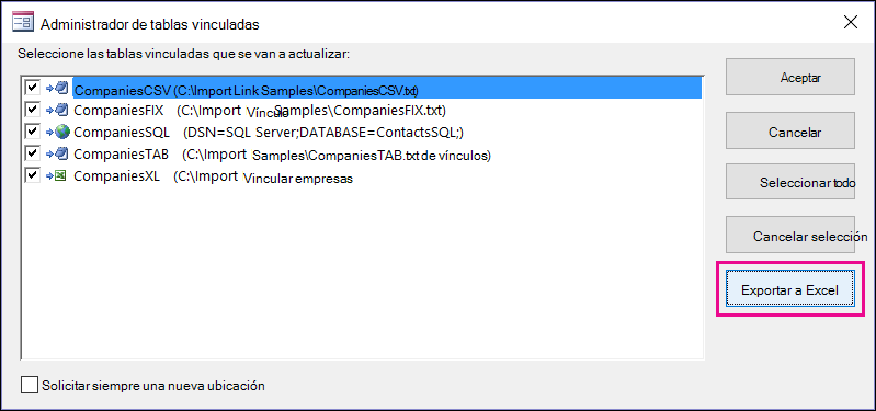 El cuadro de diálogo del administrador de tablas vinculadas en Access con el botón Exportar a Excel seleccionado.