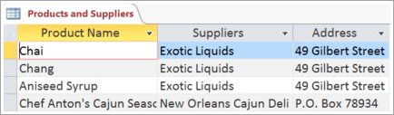 Fragmento de pantalla de datos de productos y proveedores