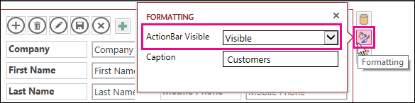 Propiedad visible de la barra de acciones en el menú de formato
