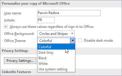 Configuración para el tema de Office
