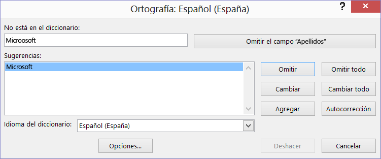 Cuadro de diálogo Revisión ortográfica