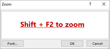 Cuadro de diálogo Zoom con texto que indica Mayús + F2 para hacer zoom