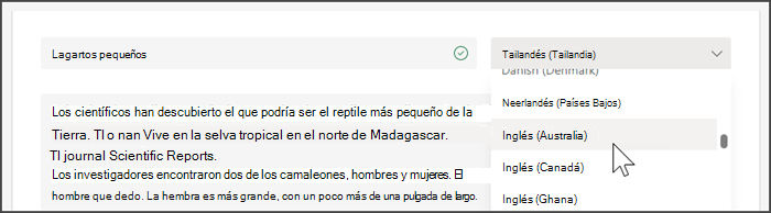 captura de pantalla que muestra la lista desplegable para seleccionar un idioma