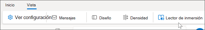 Captura de pantalla de la parte superior de Outlook Web que muestra la pestaña Vista seleccionada y el mouse sobre el lector inmersivo