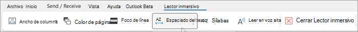 Captura de pantalla de la cinta de opciones del lector inmersivo en la versión de escritorio de Outlook. Las opciones de izquierda a derecha son ancho de columna, color de página, foco de línea, espaciado de texto, sílabas, lectura en voz alta, cerrar lector inmersivo