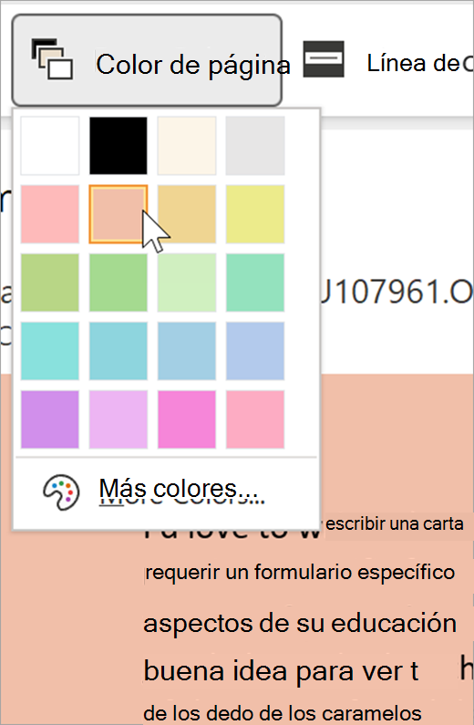 captura de pantalla del menú desplegable color de página para el lector inmersivo. Se muestra una paleta de colores y el fondo visible detrás de la lista desplegable es naranja pastel