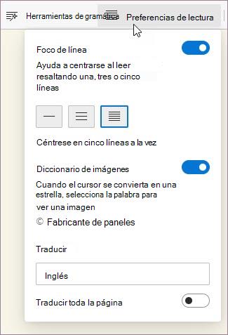 Preferencias de lectura en Lector inmersivo