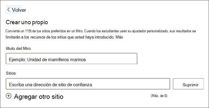 Captura de pantalla de la creación de un filtro personalizado. El título de filtro de ejemplo dice unidad de mamíferos marinos y hay un espacio abierto debajo para entrar en sus propios sitios preferidos.
