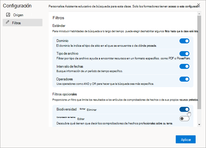 Captura de pantalla de un filtro personalizado tal y como aparece en la configuración de filtros después de crearlo. se puede activar y desactivar.