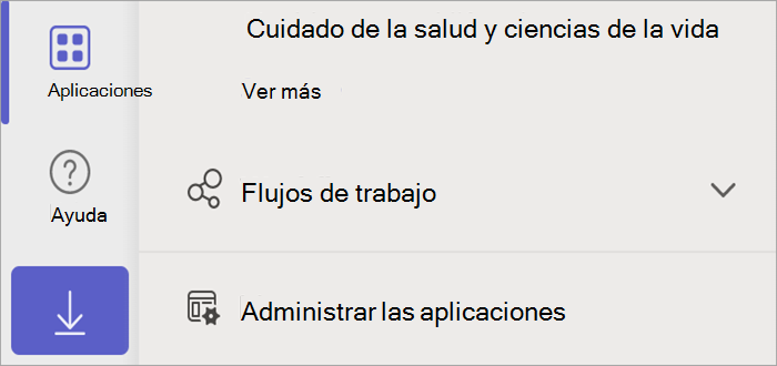 Captura de pantalla de Teams que muestra el botón de aplicaciones, que muestra el botón Administrar sus aplicaciones.