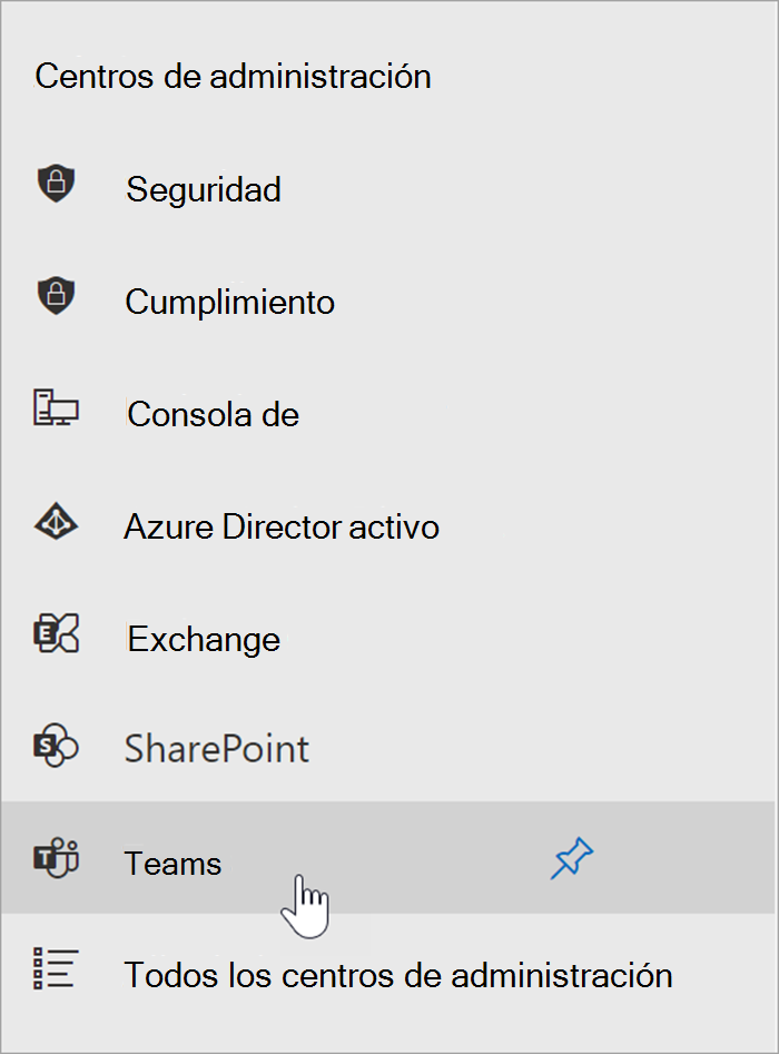 captura de pantalla del centro de administración de Microsoft 365 con el cursor sobre el punto de entrada del Centro de administración de Teams.