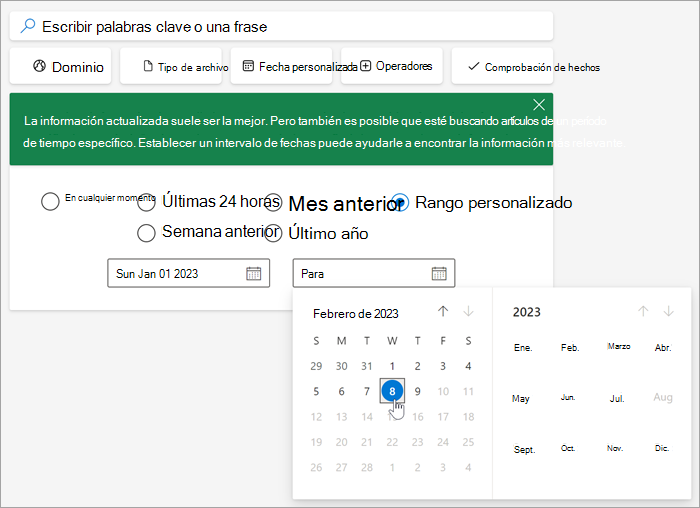Captura de pantalla de la herramienta de selección de fechas después de seleccionar un rango personalizado.