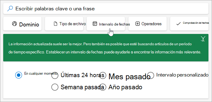 Captura de pantalla de las opciones de intervalo de fecha, últimas 24 horas, semana pasada, mes pasado, año pasado, intervalo personalizado.
