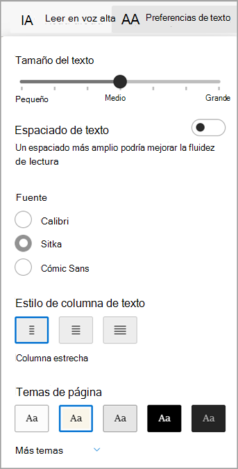 Preferencias de texto en Lector inmersivo de Microsoft Edge.