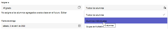 Captura de pantalla de la creación de la tarea en la que se selecciona Asignar a: alumnos individuales