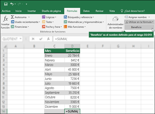 Haga clic en Usar en la fórmula para agregar un nombre definido a una sintaxis de fórmula