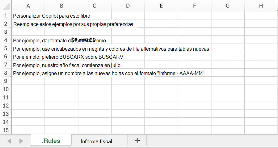 Captura de pantalla de un copiloto en un libro de Excel con un ejemplo . Hoja de cálculo Reglas.