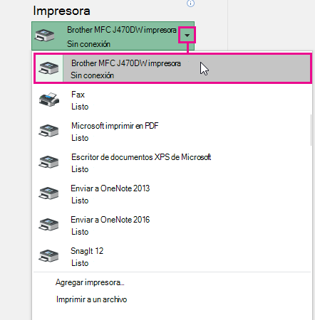La lista desplegable muestra todas las impresoras disponibles a las que se puede conectar el equipo. Haga clic en la que quiera.