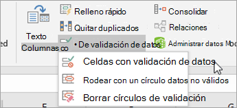 Menú Validación de datos