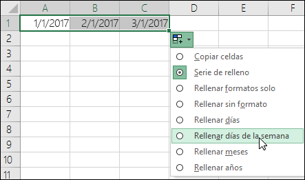 Usar el controlador de relleno para crear una lista de fechas secuenciales