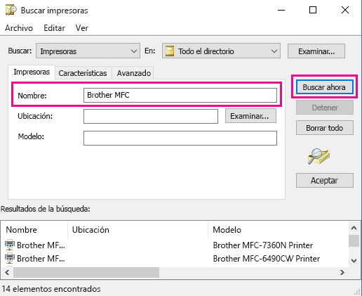 En el cuadro Nombre, escribe el nombre de la impresora o déjalo en blanco si no lo conoces. A continuación, haga clic en Buscar ahora.