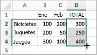 Muestra los valores para las celdas rellenadas