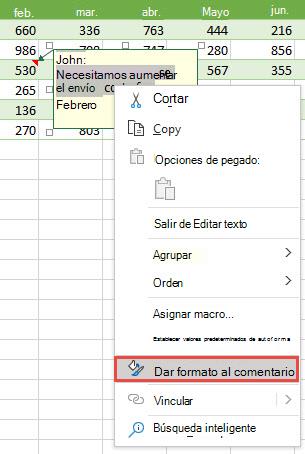 Para dar formato a un comentario, seleccione el texto al que desea dar formato y, a continuación, haga clic con el botón derecho y seleccione Dar formato al comentario.