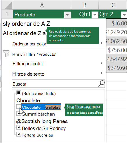 Ordenar o aplicar un filtro a la tabla