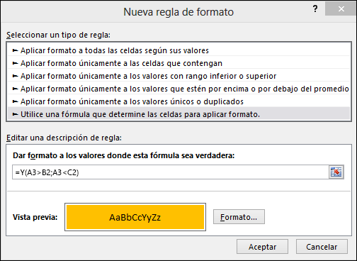 Formato > condicional Cuadro de diálogo Editar regla que muestra el método de fórmula