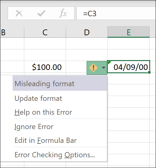 Mensaje de error sobre formatos de número engañosos