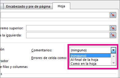 En la pestaña Hoja, seleccione una opción en Comentarios