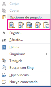 Grupo de botones con las cinco opciones para pegar gráficos de Excel en Word