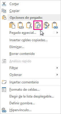 Menú de Opciones de pegado