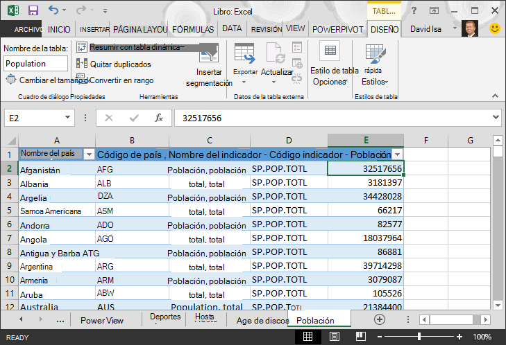 Datos de población incorporados a Excel