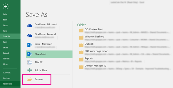 Haga clic en una carpeta de SharePoint o en Examinar