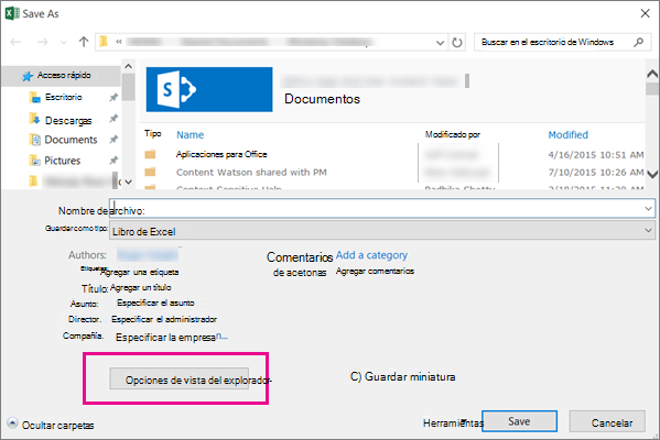 En el cuadro de diálogo Guardar como, haga clic en Opciones de vista de explorador