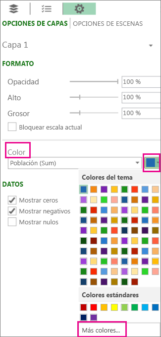 Bajada del color en la pestaña Configuración de opciones la capa