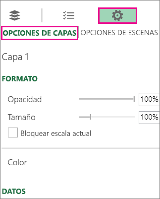 icono Configuración en la pestaña Opciones de capa