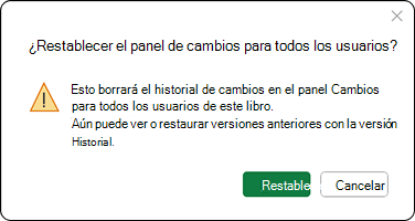 Esto borrará el historial de cambios en el panel Cambios para todos los usuarios de este libro. Aún puede ver o restaurar versiones anteriores con el Historial de versiones.