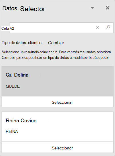 Captura de pantalla del panel Selector de datos.