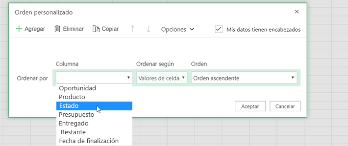Seleccionar una columna en el cuadro de diálogo de ordenación personalizada