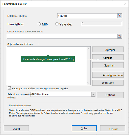 Imagen del cuadro de diálogo de Excel 2010 + Solver