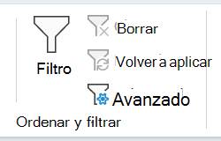 Captura de pantalla de la sección Ordenar y filtrar de la pestaña Datos